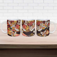 Japanese Hawaiian Crane Ceramic Mug Yellow Ochre Tapa Patchwork Pattern