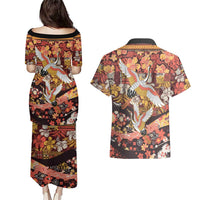 Japanese Hawaiian Crane Couples Matching Puletasi and Hawaiian Shirt Yellow Ochre Tapa Patchwork Pattern