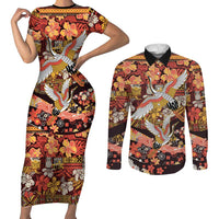 Japanese Hawaiian Crane Couples Matching Short Sleeve Bodycon Dress and Long Sleeve Button Shirt Yellow Ochre Tapa Patchwork Pattern