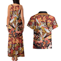 Japanese Hawaiian Crane Couples Matching Tank Maxi Dress and Hawaiian Shirt Yellow Ochre Tapa Patchwork Pattern