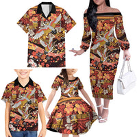 Japanese Hawaiian Crane Family Matching Off The Shoulder Long Sleeve Dress and Hawaiian Shirt Yellow Ochre Tapa Patchwork Pattern LT9 - Polynesian Pride