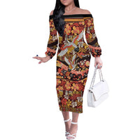 Japanese Hawaiian Crane Family Matching Off The Shoulder Long Sleeve Dress and Hawaiian Shirt Yellow Ochre Tapa Patchwork Pattern LT9 Mom's Dress Yellow - Polynesian Pride