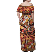 Japanese Hawaiian Crane Family Matching Off Shoulder Maxi Dress and Hawaiian Shirt Yellow Ochre Tapa Patchwork Pattern LT9 - Polynesian Pride