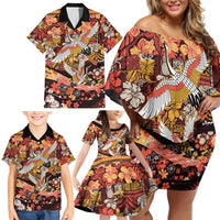 Japanese Hawaiian Crane Family Matching Off Shoulder Short Dress and Hawaiian Shirt Yellow Ochre Tapa Patchwork Pattern LT9 - Polynesian Pride