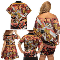 Japanese Hawaiian Crane Family Matching Off Shoulder Short Dress and Hawaiian Shirt Yellow Ochre Tapa Patchwork Pattern LT9 - Polynesian Pride