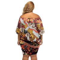 Japanese Hawaiian Crane Family Matching Off Shoulder Short Dress and Hawaiian Shirt Yellow Ochre Tapa Patchwork Pattern LT9 - Polynesian Pride