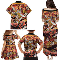 Japanese Hawaiian Crane Family Matching Puletasi and Hawaiian Shirt Yellow Ochre Tapa Patchwork Pattern