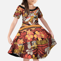 Japanese Hawaiian Crane Family Matching Summer Maxi Dress and Hawaiian Shirt Yellow Ochre Tapa Patchwork Pattern LT9 Daughter's Dress Yellow - Polynesian Pride
