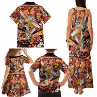 Japanese Hawaiian Crane Family Matching Tank Maxi Dress and Hawaiian Shirt Yellow Ochre Tapa Patchwork Pattern LT9 - Polynesian Pride