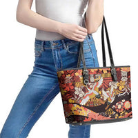 Japanese Hawaiian Crane Leather Tote Bag Yellow Ochre Tapa Patchwork Pattern