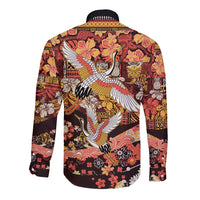 Japanese Hawaiian Crane Long Sleeve Button Shirt Yellow Ochre Tapa Patchwork Pattern