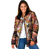 Japanese Hawaiian Crane Padded Jacket Yellow Ochre Tapa Patchwork Pattern