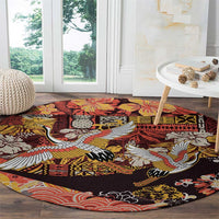 Japanese Hawaiian Crane Round Carpet Yellow Ochre Tapa Patchwork Pattern