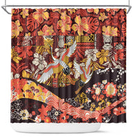 Japanese Hawaiian Crane Shower Curtain Yellow Ochre Tapa Patchwork Pattern