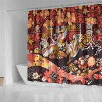 Japanese Hawaiian Crane Shower Curtain Yellow Ochre Tapa Patchwork Pattern