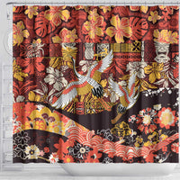 Japanese Hawaiian Crane Shower Curtain Yellow Ochre Tapa Patchwork Pattern