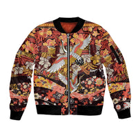 Japanese Hawaiian Crane Sleeve Zip Bomber Jacket Yellow Ochre Tapa Patchwork Pattern