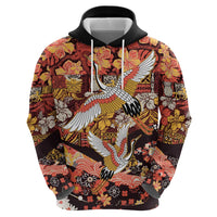 Japanese Hawaiian Crane Zip Hoodie Yellow Ochre Tapa Patchwork Pattern