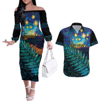 Matariki Te Tau Hou Maori Couples Matching Off The Shoulder Long Sleeve Dress and Hawaiian Shirt New Zealand Silver Fern Night Starry Sky LT9 Black - Polynesian Pride