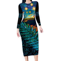 Matariki Te Tau Hou Maori Family Matching Long Sleeve Bodycon Dress and Hawaiian Shirt New Zealand Silver Fern Night Starry Sky LT9 Mom's Dress Black - Polynesian Pride