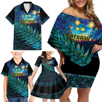 Matariki Te Tau Hou Maori Family Matching Off Shoulder Short Dress and Hawaiian Shirt New Zealand Silver Fern Night Starry Sky LT9 - Polynesian Pride