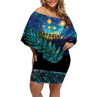 Matariki Te Tau Hou Maori Family Matching Off Shoulder Short Dress and Hawaiian Shirt New Zealand Silver Fern Night Starry Sky LT9 Mom's Dress Black - Polynesian Pride