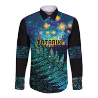 Matariki Te Tau Hou Maori Long Sleeve Button Shirt New Zealand Silver Fern Night Starry Sky LT9 Unisex Black - Polynesian Pride