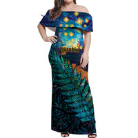 Matariki Te Tau Hou Maori Off Shoulder Maxi Dress New Zealand Silver Fern Night Starry Sky LT9 Women Black - Polynesian Pride