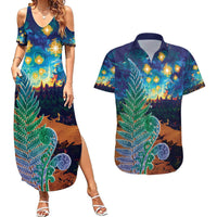 Personalised New Zealand Matariki Art Star Couples Matching Summer Maxi Dress and Hawaiian Shirt Koru Fern Night Starry Sky LT9 Black - Polynesian Pride