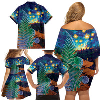 Personalised New Zealand Matariki Art Star Family Matching Off Shoulder Short Dress and Hawaiian Shirt Koru Fern Night Starry Sky LT9 - Polynesian Pride