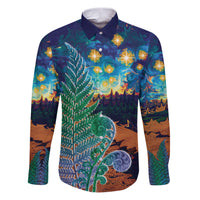 Personalised New Zealand Matariki Art Star Family Matching Puletasi and Hawaiian Shirt Koru Fern Night Starry Sky LT9 Dad's Shirt - Long Sleeve Black - Polynesian Pride