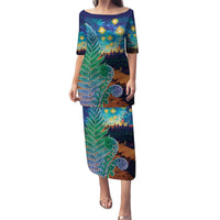 Personalised New Zealand Matariki Art Star Puletasi Koru Fern Night Starry Sky LT9 Long Dress Black - Polynesian Pride