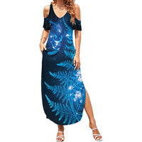 New Zealand Matariki Family Matching Summer Maxi Dress and Hawaiian Shirt Blue Milky Way Stars Night Sky LT9 Mom's Dress Blue - Polynesian Pride