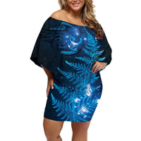 New Zealand Matariki Off Shoulder Short Dress Blue Milky Way Stars Night Sky LT9 Women Blue - Polynesian Pride