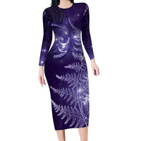 New Zealand Matariki Family Matching Long Sleeve Bodycon Dress and Hawaiian Shirt Purple Milky Way Stars Night Sky LT9 Mom's Dress Purple - Polynesian Pride