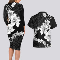 American Samoa Lotu Tamaiti Couples Matching Long Sleeve Bodycon Dress and Hawaiian Shirt White Sunday Plumeria Black Vibe LT9 - Polynesian Pride