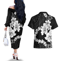 American Samoa Lotu Tamaiti Couples Matching Off The Shoulder Long Sleeve Dress and Hawaiian Shirt White Sunday Plumeria Black Vibe LT9 - Polynesian Pride