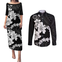 American Samoa Lotu Tamaiti Couples Matching Puletasi and Long Sleeve Button Shirt White Sunday Plumeria Black Vibe LT9 Black - Polynesian Pride