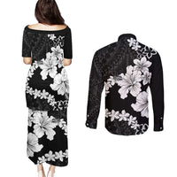 American Samoa Lotu Tamaiti Couples Matching Puletasi and Long Sleeve Button Shirt White Sunday Plumeria Black Vibe LT9 - Polynesian Pride