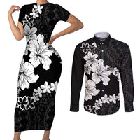 American Samoa Lotu Tamaiti Couples Matching Short Sleeve Bodycon Dress and Long Sleeve Button Shirt White Sunday Plumeria Black Vibe LT9 Black - Polynesian Pride
