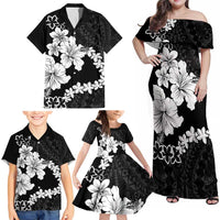 American Samoa Lotu Tamaiti Family Matching Off Shoulder Maxi Dress and Hawaiian Shirt White Sunday Plumeria Black Vibe LT9 - Polynesian Pride