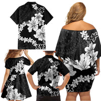 American Samoa Lotu Tamaiti Family Matching Off Shoulder Short Dress and Hawaiian Shirt White Sunday Plumeria Black Vibe LT9 - Polynesian Pride