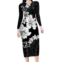 American Samoa Lotu Tamaiti Long Sleeve Bodycon Dress White Sunday Plumeria Black Vibe LT9 Long Dress Black - Polynesian Pride