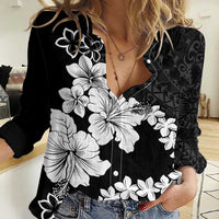 American Samoa Lotu Tamaiti Women Casual Shirt White Sunday Plumeria Black Vibe LT9 Female Black - Polynesian Pride