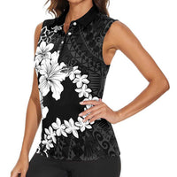 American Samoa Lotu Tamaiti Women Sleeveless Polo Shirt White Sunday Plumeria Black Vibe LT9 - Polynesian Pride
