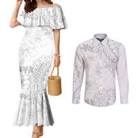 American Samoa Lotu Tamaiti Couples Matching Mermaid Dress and Long Sleeve Button Shirt White Sunday Plumeria White Vibe LT9 White - Polynesian Pride