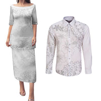 American Samoa Lotu Tamaiti Couples Matching Puletasi and Long Sleeve Button Shirt White Sunday Plumeria White Vibe LT9 White - Polynesian Pride