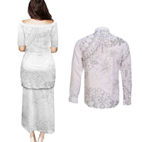 American Samoa Lotu Tamaiti Couples Matching Puletasi and Long Sleeve Button Shirt White Sunday Plumeria White Vibe LT9 - Polynesian Pride