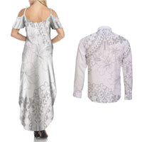 American Samoa Lotu Tamaiti Couples Matching Summer Maxi Dress and Long Sleeve Button Shirt White Sunday Plumeria White Vibe LT9 - Polynesian Pride