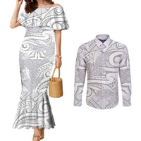 Lotu Tamaiti Samoa Siapo Couples Matching Mermaid Dress and Long Sleeve Button Shirt White Sunday With Teuila Torch Ginger LT9 White - Polynesian Pride